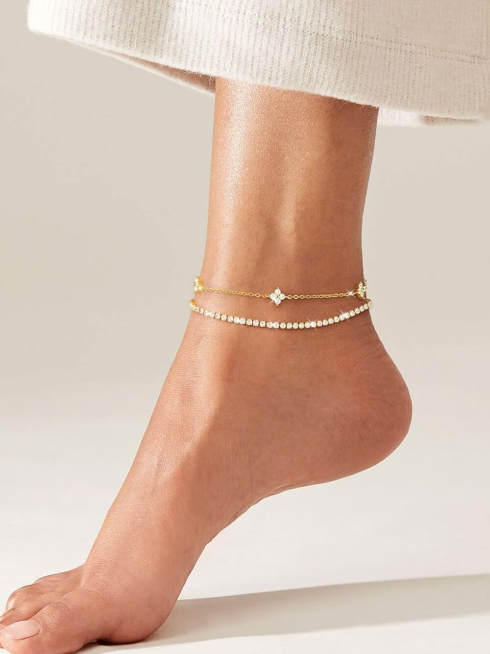Gold Silver Anklets for Women CZ Ankle Bracelet 14K Gold Plated Waterproof Layer - Picture 5 of 6